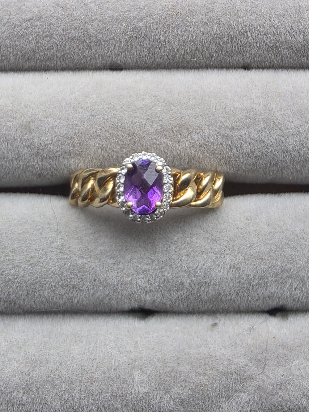 Gold Chain-Band Ring with Purple Oval Gem and Halo - Sterling Silver Stamped